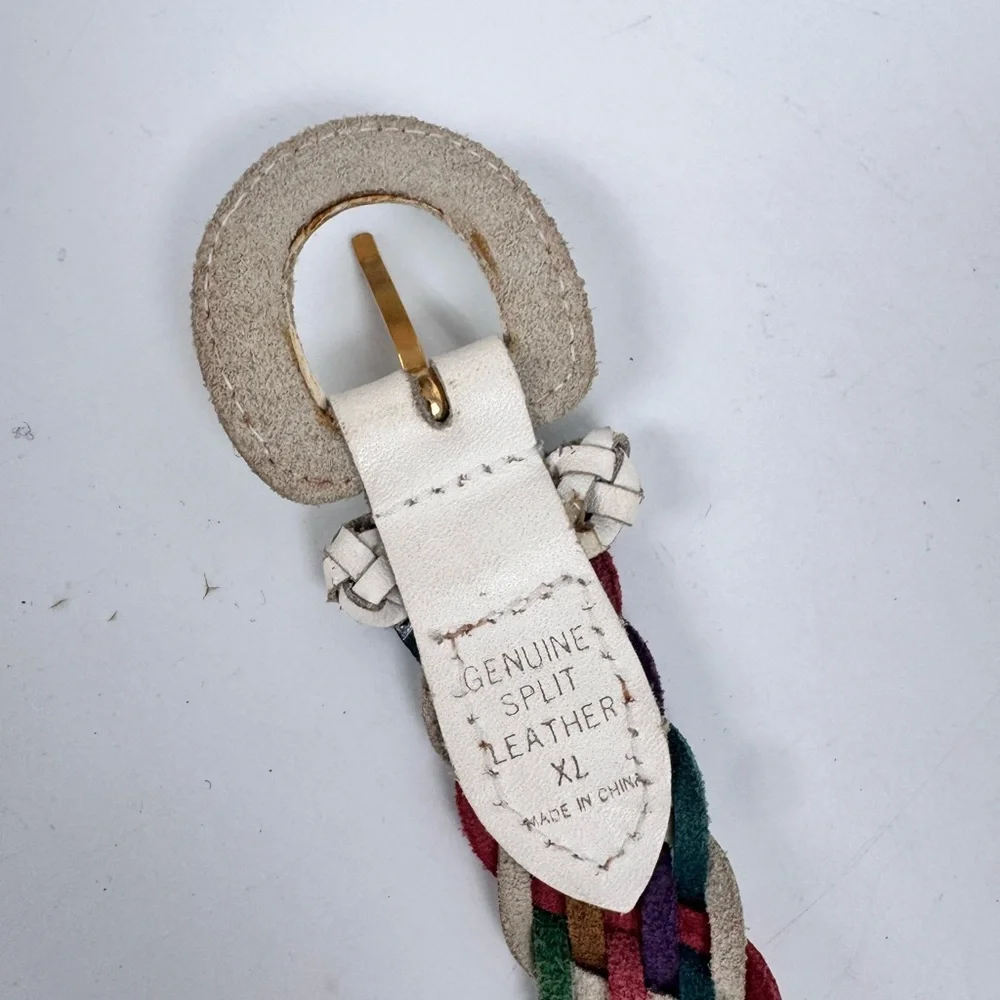 Vintage Multi-Color Rainbow Split Genuine Leather Braided Belt Sz XL - Picture 2 of 6